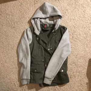 jersey sleeve utility jacket with hood